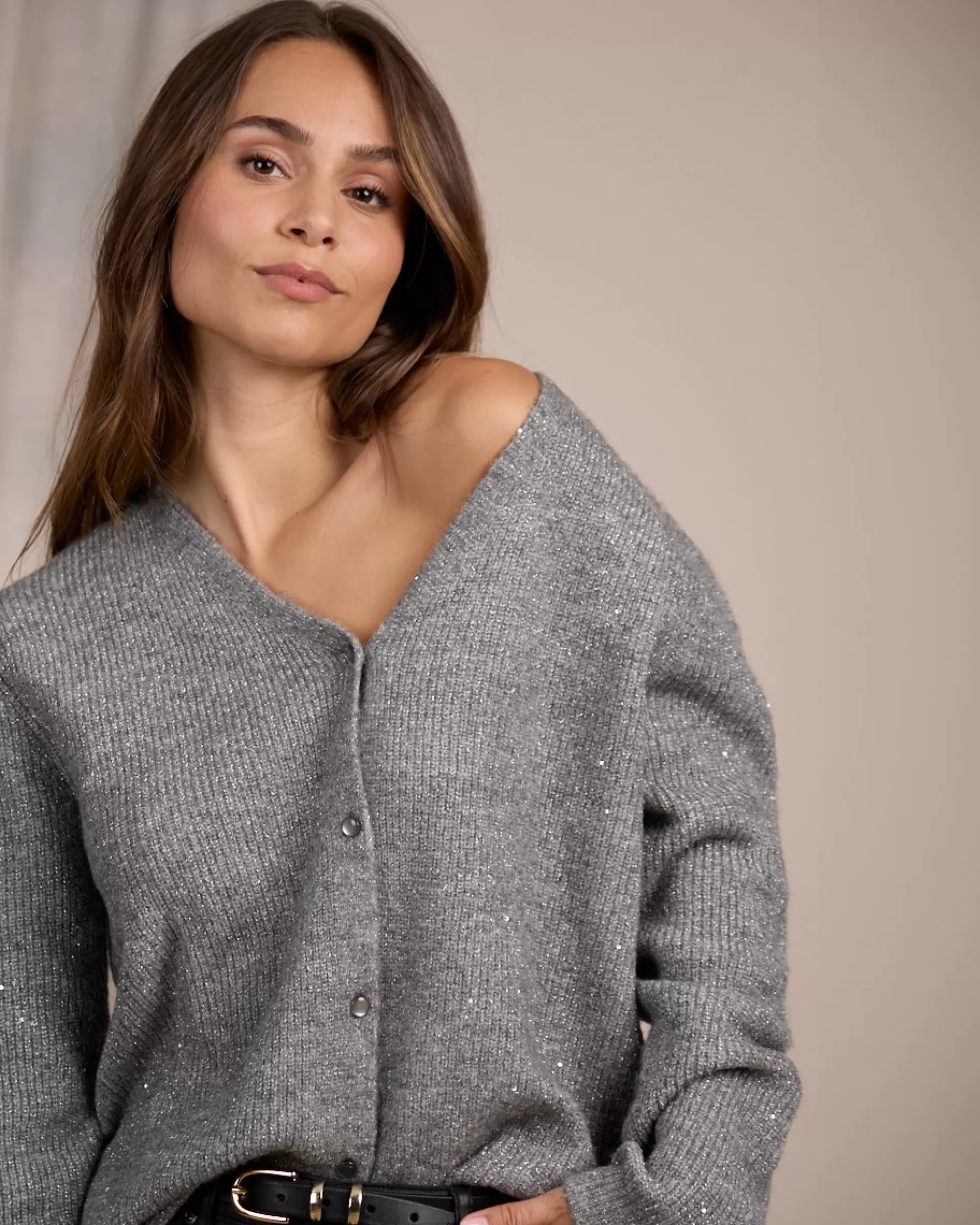 Best Sale Cardigan détail lurex gris moyen Femme Pull & Cardigan